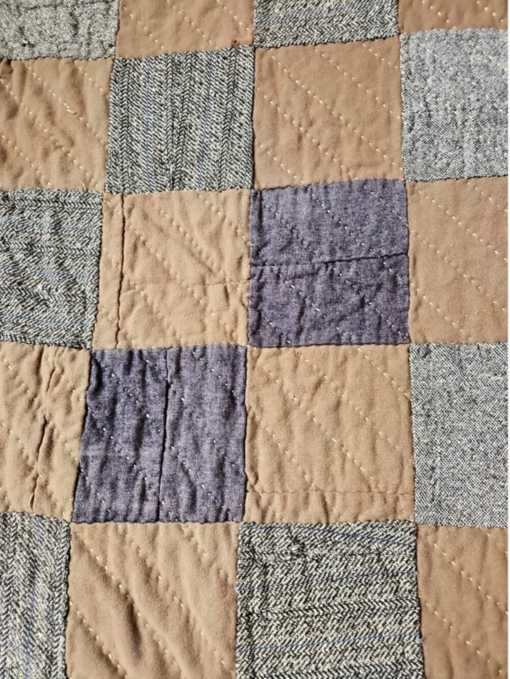 Antique 1920s Mens Wool Scrap Hand Sewn Quilt Stripe Ticking Back Yarn 58 x 75.5